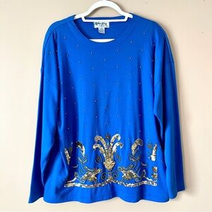 CHELSEA WAY | Blue Sequins Fleur-de-lis Long Sleeve Top Sz L